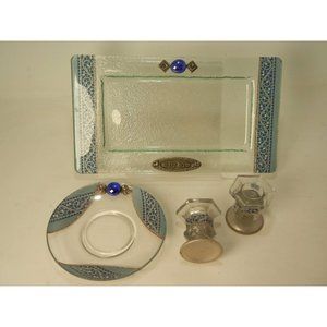 Holy Saturday: Shabbat Kadesh Set, beaded fused glass Challah Tray, candle stick